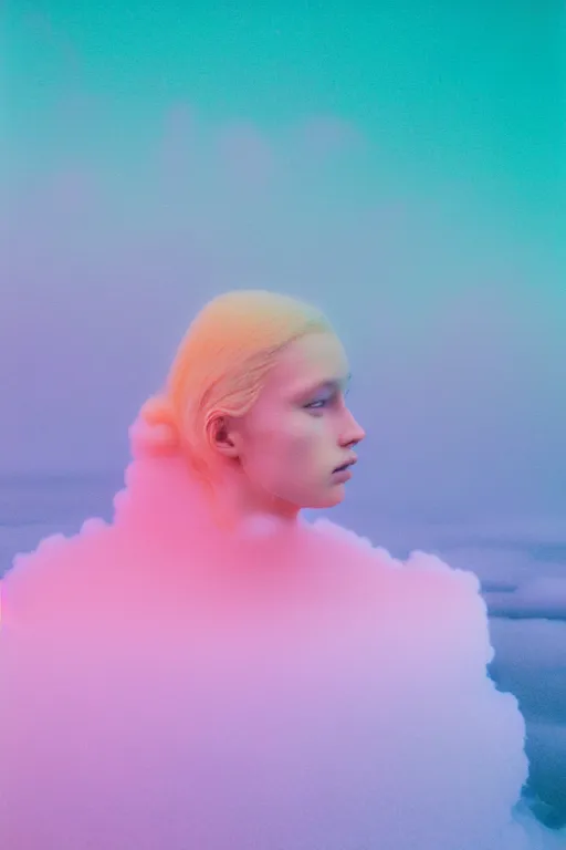 Image similar to high quality pastel coloured film close up wide angle photograph of a model wearing clothing swimming on cloud furniture in a icelandic black rock!! environment in a partially haze filled dreamstate world. three point light, rainbow. photographic production. art directed. pastel colours. volumetric clouds. pastel gradient overlay. waves glitch artefacts. extreme facial clarity. 8 k. filmic.