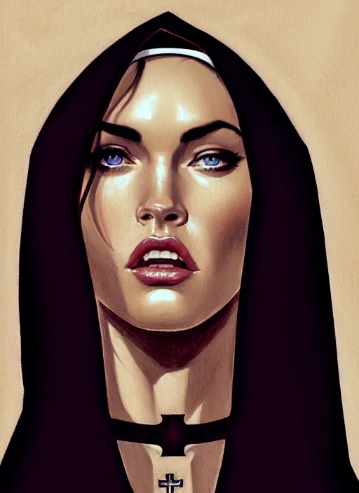 Image similar to portrait of megan fox as a evil nun with collar and leash, catholic, church, dark, intricate, headshot, key visual, conceptart, ambient lighting, highly detailed, digital painting, artstation, concept art, sharp focus, by makoto shinkai and akihiko yoshida and greg manchess