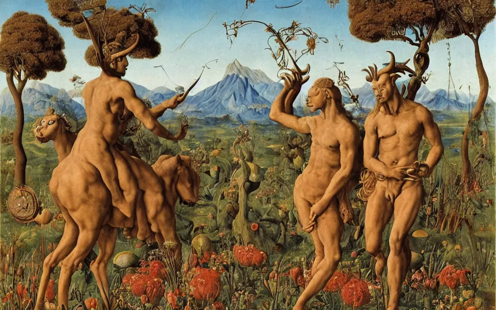 Image similar to a portrait photograph of a meditating satyr and a centaur monk riding a rocket machine and hunting at a river delta. surrounded by bulbous flowers and trees. mountain range under a blue sky of fiery stars. by jan van eyck, max ernst, ernst haeckel, ernst fuchs and artgerm, cgsociety, fashion editorial, 8 k