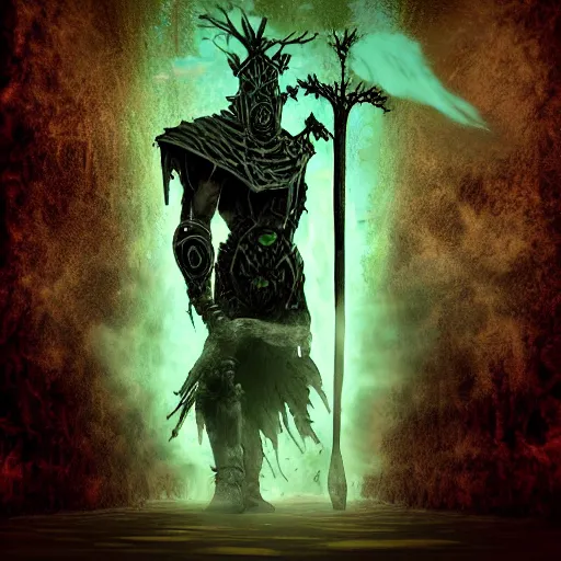 Image similar to 3D model of a (creepy sentinel king) wielding the (mythical) (blade) of the ruined king, (abandoned) (ruins), terror, digital art, destruction, the (void,) ominous vibes, green crown glowing, fear, very detailed, evil, smoke, trending on artstation, intricate details, high definition, 16k, Artstation, by John Wallin Libert