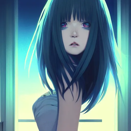 Prompt: two gold eyes on a long blue - haired girl with bangs gothic anime character noir, screenshot, anime, sharp focus, intricate, illustration, cell shaded, digital painting, highly detailed, concept art, matte, art by ilya kuvshinov, wlop, and greg rutkowski, studio quality, james jean, artem demura