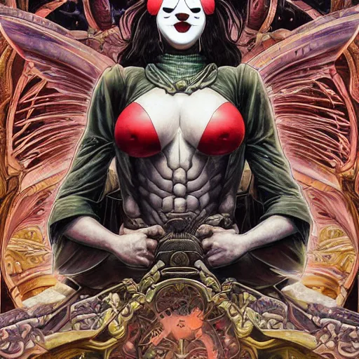 Image similar to 🔞☦🤡, rotary symmetrical, dynamic lighting, darker, not mirroring, detailed, by bambang nurdianshyah, garis edelweiss, roby dwi antono and dan mumford, ayami kojima, takato yamamoto, barclay shaw, karol bak, yukito kishiro, norman rockwell