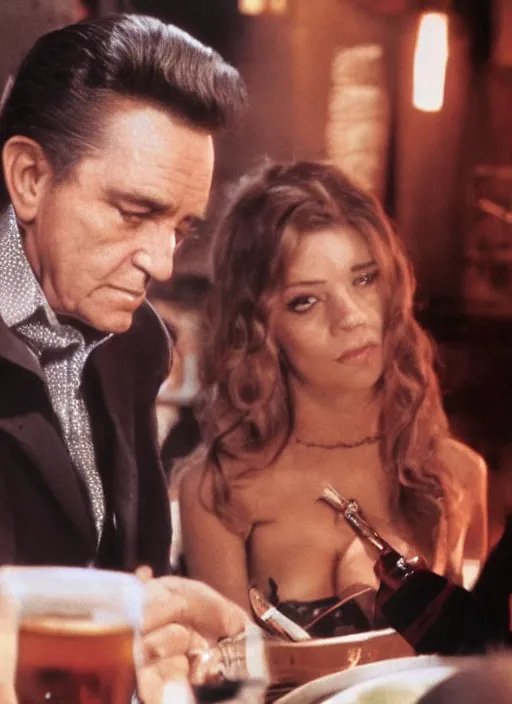 Image similar to a close - up, color cinema film still of a johnny cash talking to a beautiful hooters woman drinking whiskey at a hooters, ambient lighting at night.