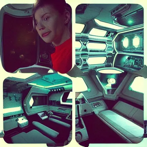 Prompt: “day to day life of a sci-fi spaceship crew. 80s Retrofuturism. Stills from a Candid home movie.”