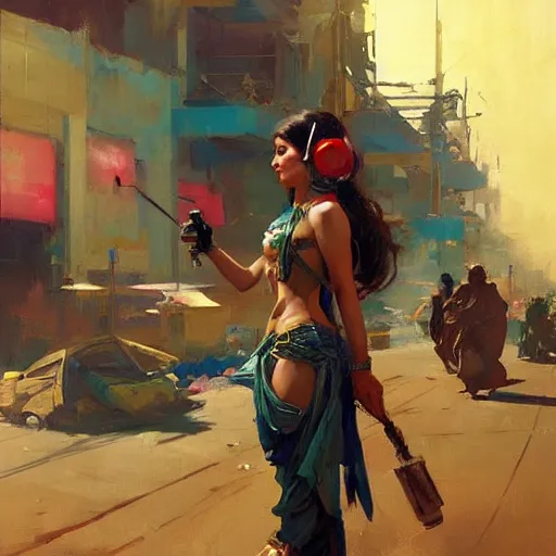 Image similar to greg manchess painting of baghdad in the year 2 0 7 7, painting, cyberpunk style, trending on artstation, by huang guangjian and gil elvgren and sachin teng