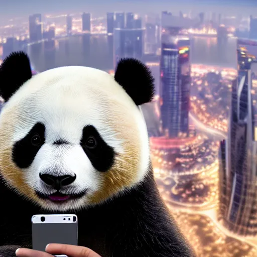 Prompt: A cute Panda taking a selfie on top of Burj Khalifa, hyperrealistic, highly detailed, depth of field, High definition, 8k, octane render, artstation