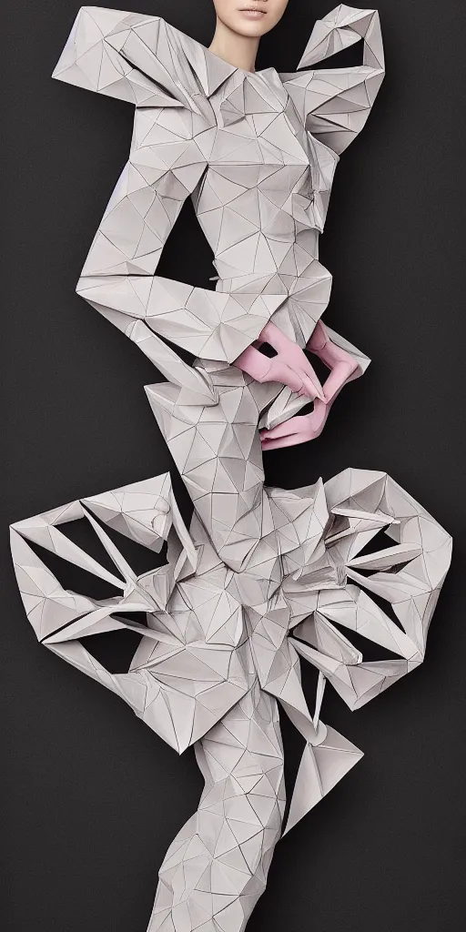 Prompt: portrait of a beautiful ceramic model wearing sakura ( ( origami themed paper flower ) ) and metallic shapes haute couture by issey miyake