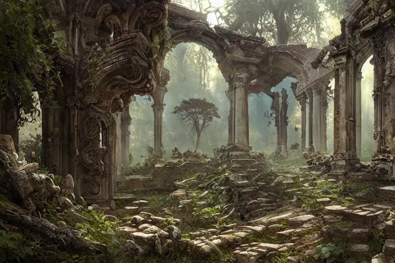 Image similar to painting of sacred ancient cursed ruins, forest, concept art, intricate details, eerie, highly detailed, photorealistic, octane render, 8 k, unreal engine. art by artgerm and greg rutkowski and alphonse mucha