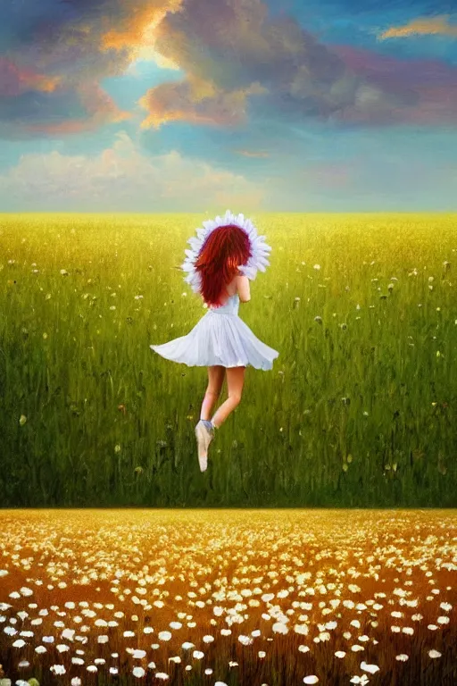 Image similar to giant white daisy flower as face, girl dancing in a flower field, surreal photography, sunrise, dramatic light, impressionist painting, colorful clouds, digital painting, artstation, simon stalenhag