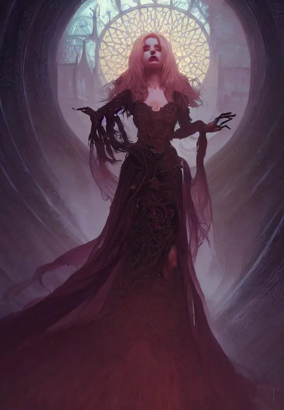 Image similar to Necromancer Sorceress in center, fantasy magic, undercut hairstyle, dark light night, intricate, elegant, sharp focus, illustration, highly detailed, digital painting, concept art, matte, art by WLOP and Artgerm and Greg Rutkowski and Alphonse Mucha, masterpiece