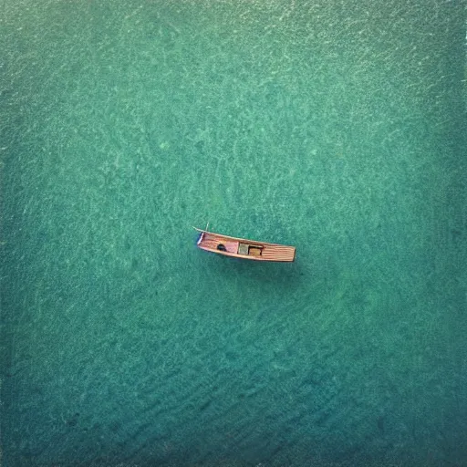 Prompt: aerial view of a lone boat in the middle of the ocean. art in the style of Duy Huynh. detailed. sharp W-1024 H-1024