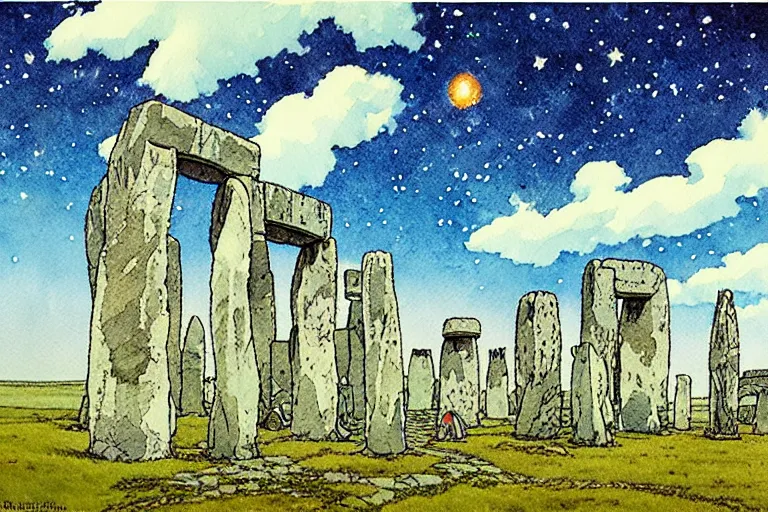 Prompt: hyperrealist studio ghibli watercolor fantasy concept art of a 1 0 0 ft. giant sittong on stonehenge. it is a misty starry night. by rebecca guay, michael kaluta, charles vess