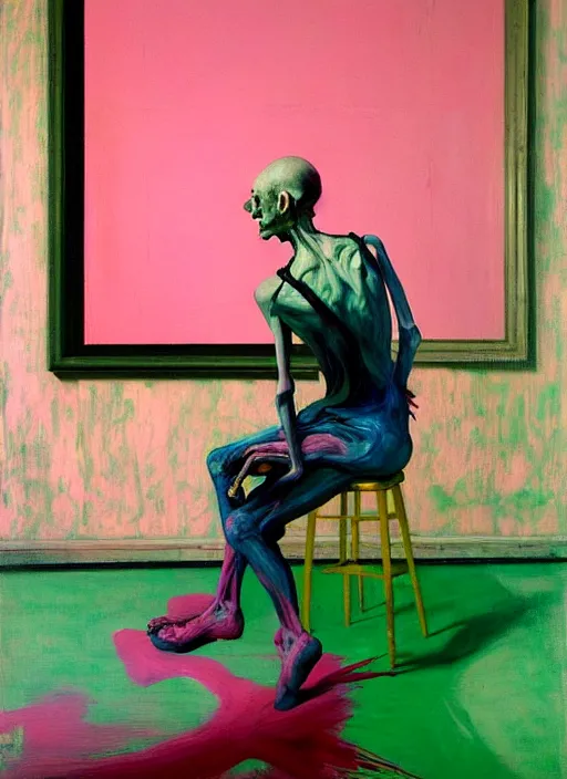 Image similar to an insane, skinny, artist wearing overalls, expressive painting the walls inside a grand messy studio, hauntingly surreal, highly detailed painting by francis bacon, edward hopper, adrian ghenie, gerhard richter, and james jean, soft light 4 k in pink, green and blue colour palette