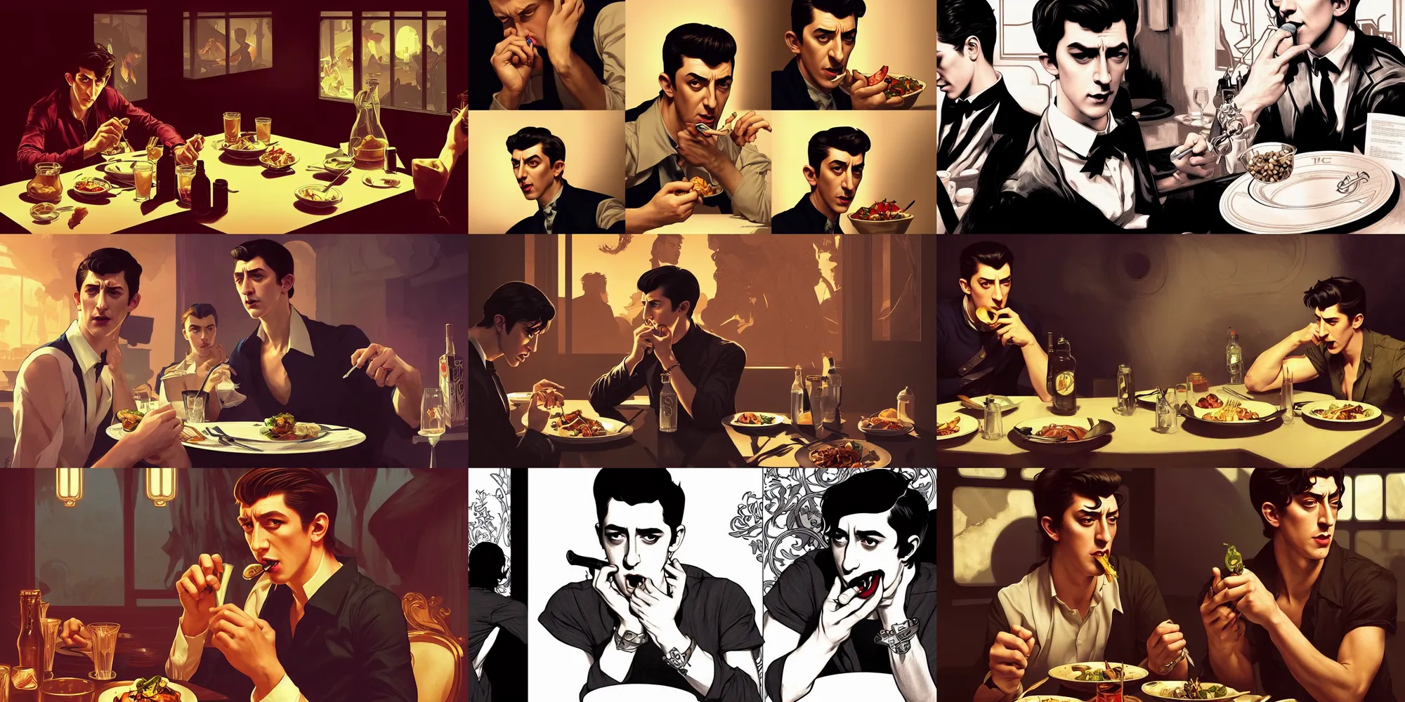 Prompt: alex turner eating dinner, character sheet, character design, contrast, deep focus, turnaround, highly detailed, dramatic lighting, digital painting, artstation, concept art, matte, sharp focus, illustration, elegant, art by artgerm and greg f and alphonse mucha.