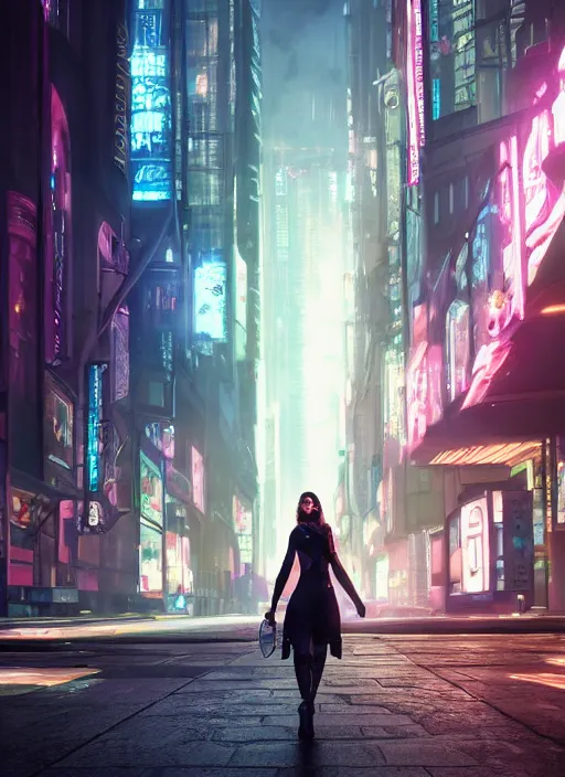 Cyberpunk girl in modern city by the road side with people walking