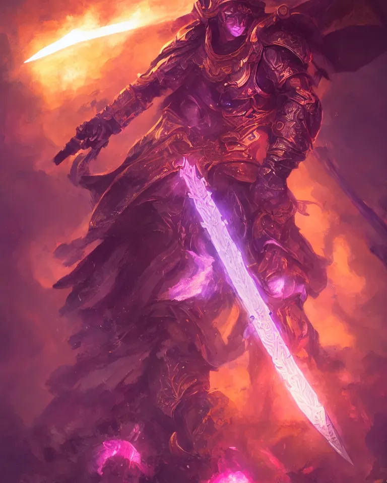 Image similar to portrait of fantasy paladin wielding a sword with purple flames, intricate baroque armour, glowing aura, trending on artstation, 4 k, greg rutkowski, concept art, matte painting