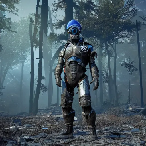 Prompt: A man in gray combat armor on a blue suit, wearing a pirate cocked hat and sunglasses on his head stands against the background of a radioactive forest, graphics, fallout 4 render, 3d computer render, maximum details, rain, night, spotlight,