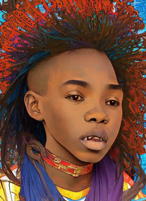 Prompt: colourful upper half portrait of an african boy - art by aya takano & alphonse mucha, magazine collage, highly detailed, digital painting, illustration, smooth, sharp focus, intricate, clustered, busy, pinterest, behance,