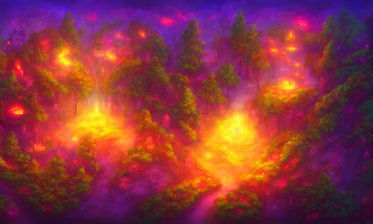 Image similar to enchanted magical forest on magical colorful fire, aerial view, digital painting , digital art , artstation , devian art , 4k , HD