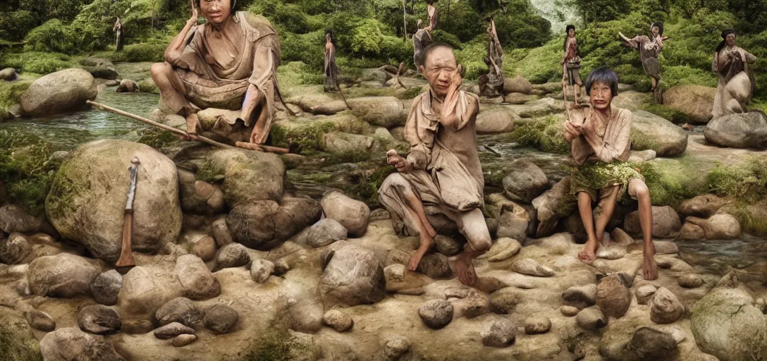 Prompt: portait of asian prehistoric people, asemble at the river bank, make stone adze from pebble at the river bank in the rainforest, high qulity realistic face, hyper - realistic, highly detailed, 8 k, cinematic lighting, global illumination, elegant, ornate, super detail, the light is dim, and the colours are muted. kodak etkar 1 0 0