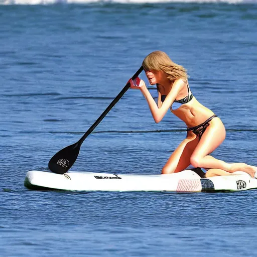 Image similar to taylor swift doing paddle surf in albacete realistic photograph