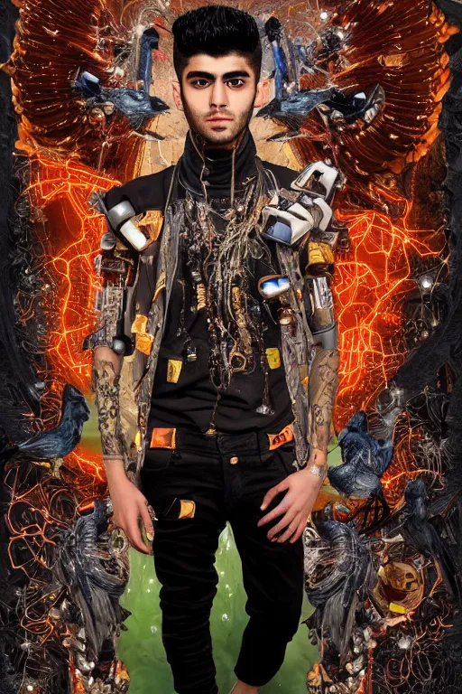 Prompt: full-body cyberpunk style sculpture of handsome singer Zayn Malik as a half cyborg with a chest opening exposing circuitry and electric sparks, glowing orange eyes, crown of green metal leaves, flowing salmon-colored silk, fabric, raptors. baroque elements. full-length view. baroque element. intricate artwork by caravaggio. many many birds birds on background. Trending on artstation, octane render, cinematic lighting from the right, hyper realism, octane render, 8k, depth of field, 3D