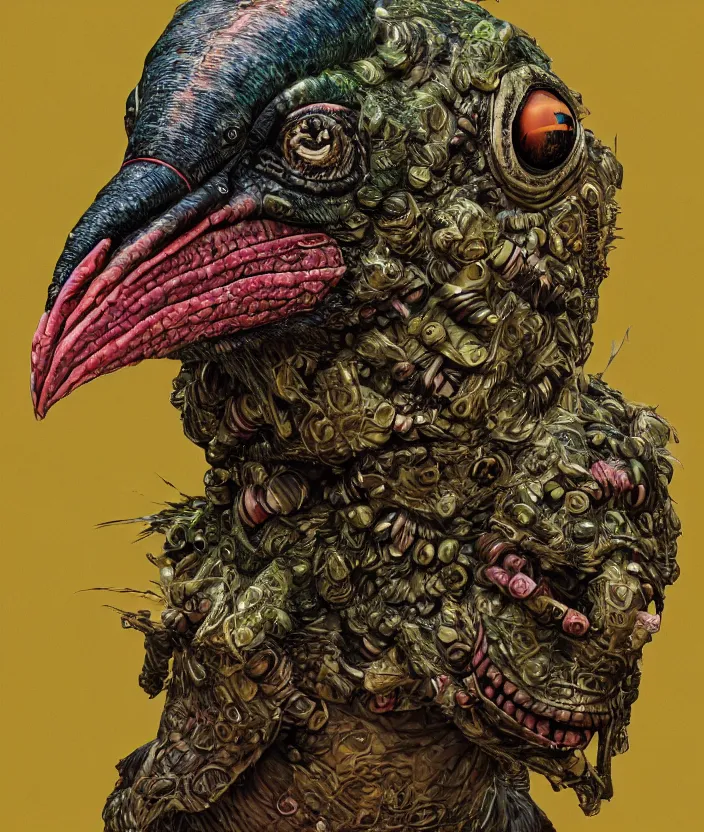 Prompt: a high resolution realistic displacement portrait of an ork, normal map creature made of doglike class aves skin merged frog, bump map strangled by plastic wrap bower bird creature wrinkles pheasant, complex feathers exotic morphing hoopoe, zebra morphing wings king vulture head