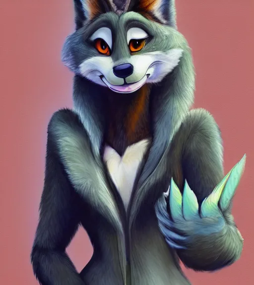 Image similar to full body oil painting of anthromorphic furry female wolf, in style of zootopia, female fursona, furry, furaffinity, 4 k, deviantart, furry art, fursona art, wearing black business suit, wearing business suit, wolf fursona, expressive feminine face, female,