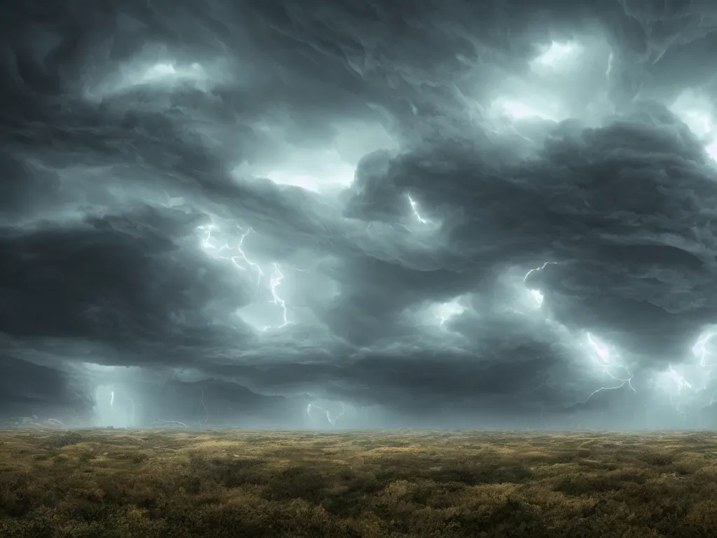 Image similar to supercells, landscapes, storms, craig mullens, unreal engine 5, octane render, scifi, moody, atmospheric, cinematic, very high complexity, 4 k