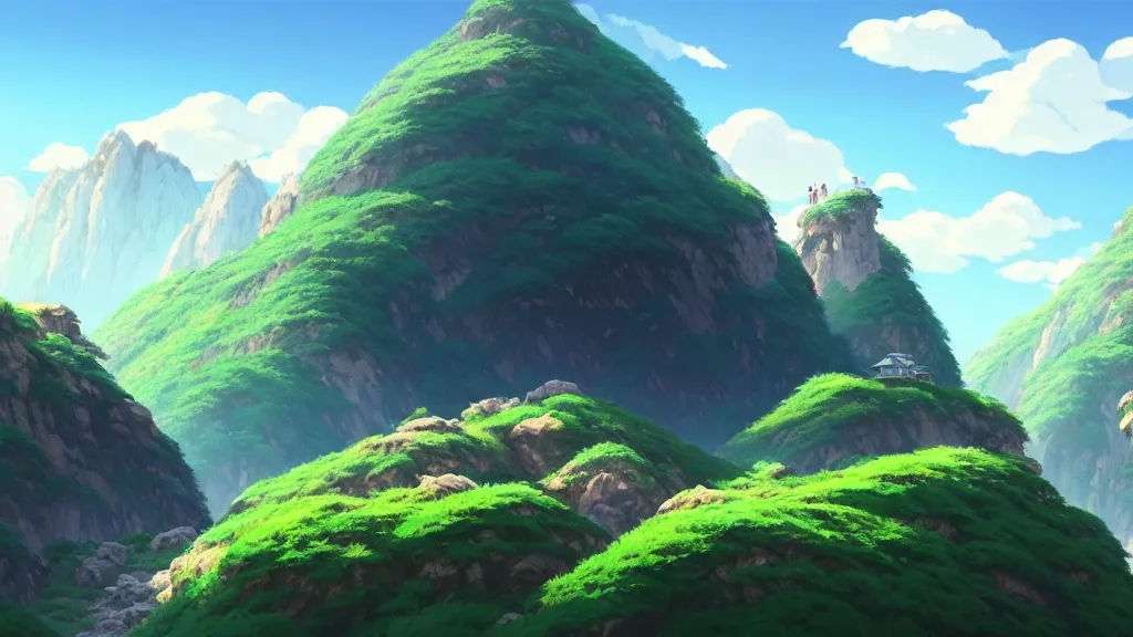 Image similar to mountainside landscape, studio ghibli, pixar and disney animation, sharp, rendered in unreal engine 5, highly detailed, digital painting, artstation, concept art, smooth, sharp focus, illustration, wide angle, artbook, wallpaper, splash art, promo art, dramatic lighting, art by artgerm and greg rutkowski and bo chen and jin xiaodi