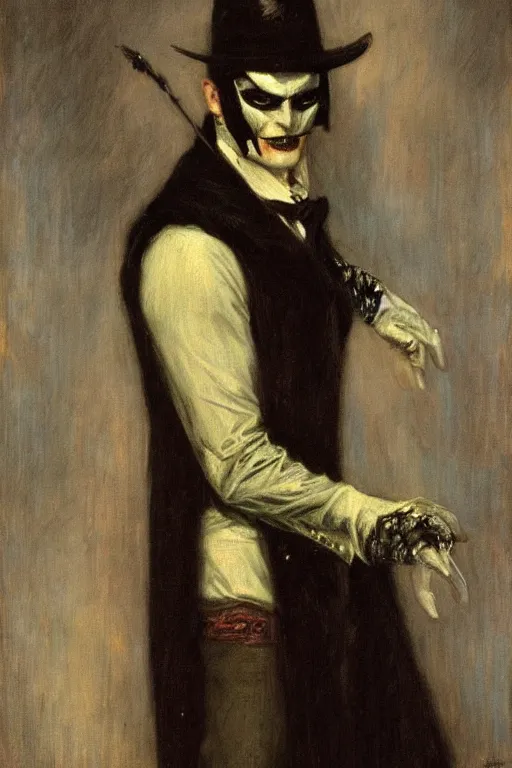 Image similar to portrait of victorian era vampire batman. art by gaston bussiere.