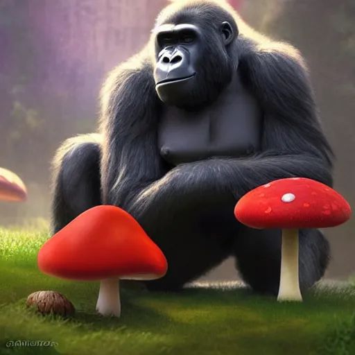 Image similar to a wholesome animation key shot of a gorilla holding a very small red mushroom, chilled out smirk on face, listening to music, jeep in background, studio ghibli, pixar and disney animation, sharp, rendered in unreal engine 5, anime key art by greg rutkowski, bloom, dramatic lighting