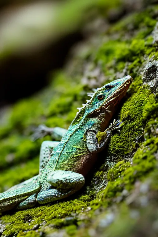 Image similar to a macro photo of a lizard on a moss covered rock, shiny scales, moss and vegetation, ancient forest, close - up, intricate details, intricately detailed textures, warm lighting, vivid colors, smoke and mist, hyper realistic octane render, volumetric shading, depth of field, raytracing, 8 k,