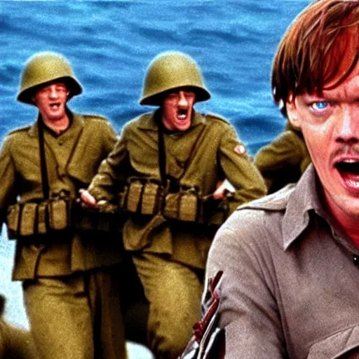 Image similar to photo realistic image of Matthew Lillard as shaggy from scooby doo, storming the beaches of Normandy in 1944, HD, high detail, photorealistic, Hollywood cinematic, Christopher Nolan