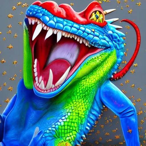 Image similar to president trump is a smiling laughing bright blue lizard person, airbrush painting, hyper detailed, 8 k, photorealism, rule of thirds, glitter.