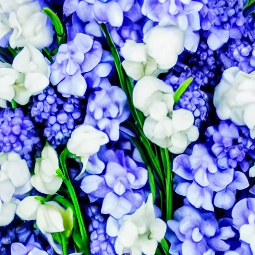 Image similar to cool blue perfume on a white surface surrounded by a plethora of cool blue and lavendar flowers and green stems, bright white realistic, up close shot, white background, zen, light, modern minimalist f 2 0