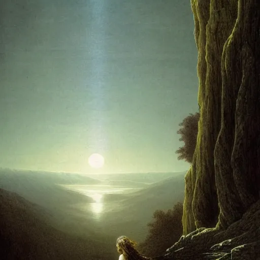 Image similar to A female wanderer looks from a mountaintop, mountains, gorgeous view, velly distant forest, distant city, distant glow, night, moon, dramatic light, Chiaroscuro, long shadows, dark, masterpiece, high detail, detailed, illustration by Paul Gustave Doré