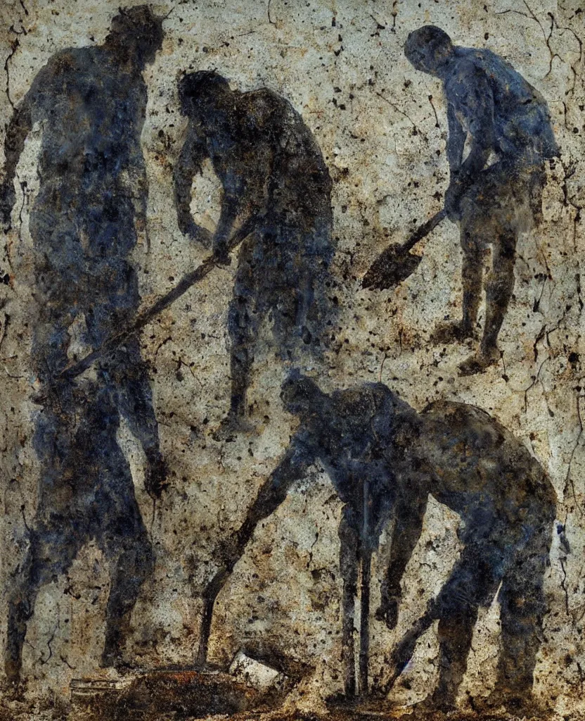 Prompt: a man with a shovel standing digging up a grave with a dead body, by Nicola Samori, painting, 8k, high detail, subtle blue, orange, and dark green tones, high quality, high detail, dark colors, sinister atmosphere, dramatic lighting, cinematic, establishing shot, extremely high detail, photo realistic, cinematic lighting