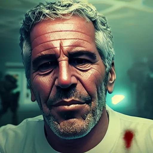 Image similar to jeffrey epstein in wolfenstein, splash art, movie still, cinematic lighting, glowing, neon light, ray tracing, octane render, long lens, shallow depth of field, bokeh, anamorphic lens flare, 8 k, hyper detailed, 3 5 mm film grain