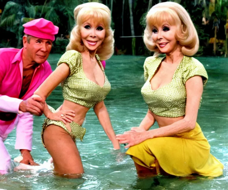 Image similar to barbara eden as jeannie is a guest - star on an episode of gilligan's island with gilligan and the skipper, video still, hyperrealistic, very detailed and lifelike