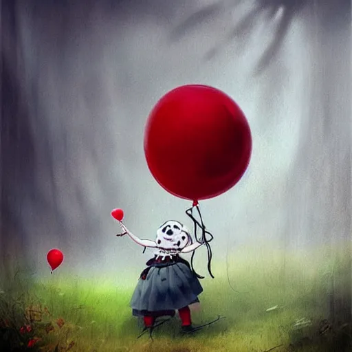 Image similar to grunge cartoon landscape painting of bilie eilish with a wide smile and a red balloon by - michal karcz, loony toons style, pennywise style, horror theme, detailed, elegant, intricate