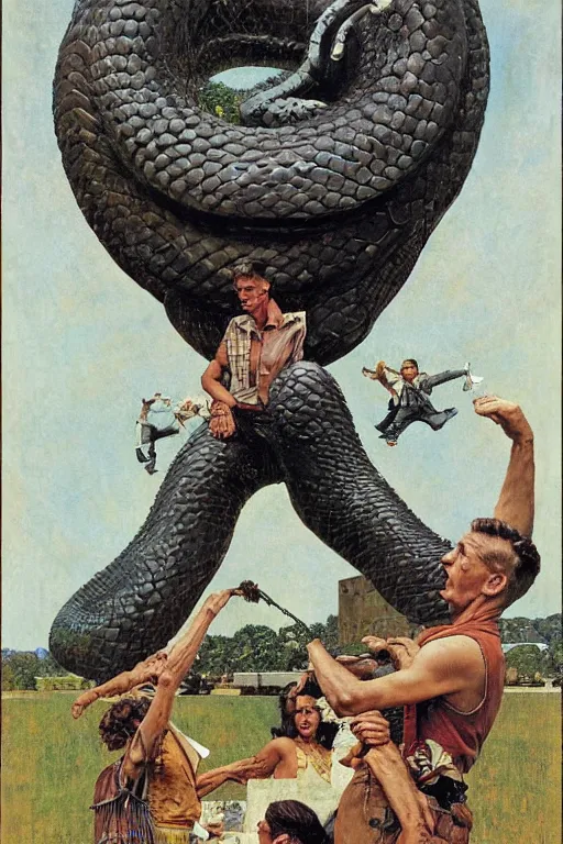 Image similar to giant serpent with human head, norman rockwell, jacob collins, tom lovell, frank schoonover, james gurney