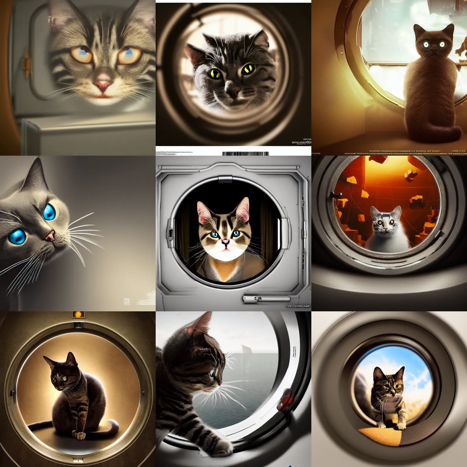Prompt: schrodinger's cat plans its revenge, angry, inside its box, looking at us from a porthole, waporware, raytracing, dreamy, sharp focus, cinematic lighting, highly detailed, artstation, divine, by gauthier leblanc, kazuya takahashi, huifeng huang