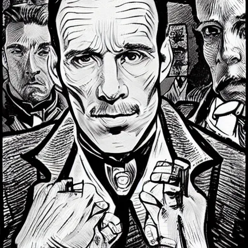 Image similar to portrait of sherlock holmes, mash - up between mc escher and vincent van gogh, marvel comics style