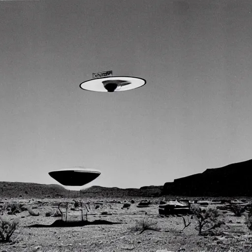 Image similar to president eisenhower aboarding a ufo in the desert, black and white photo