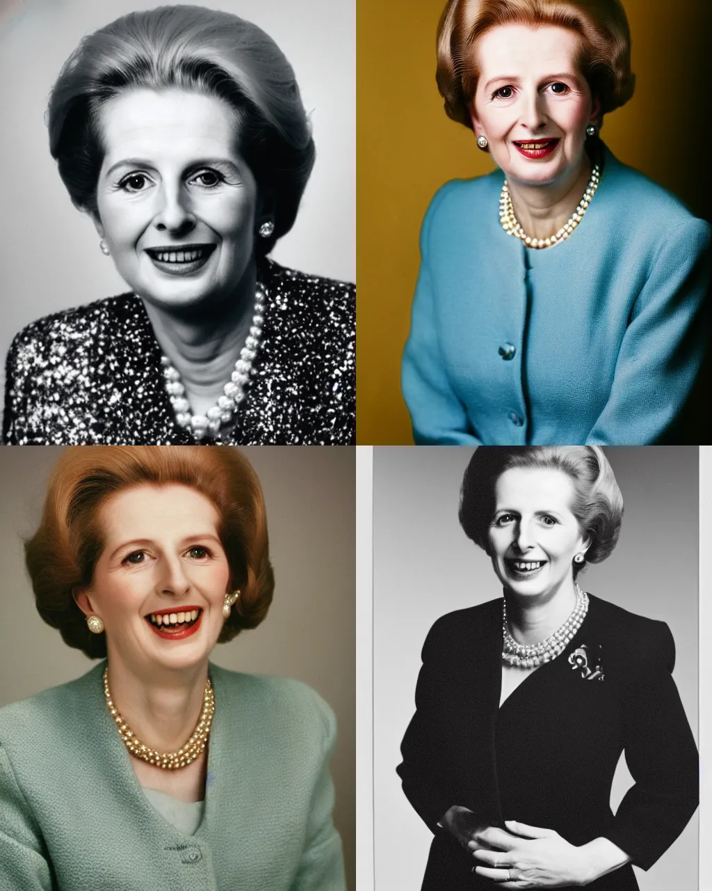 Prompt: portrait of maggie thatcher smiling widely, studio photo