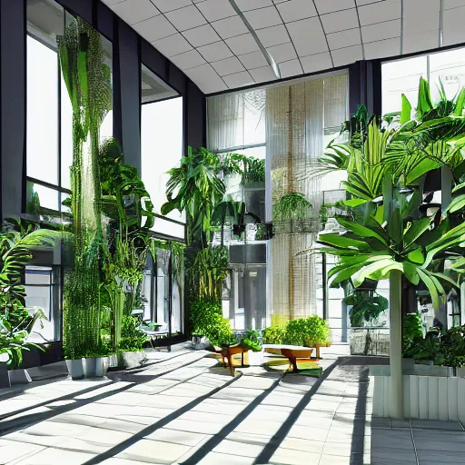 Prompt: The atrium of a refurbished contemporary building filled with tropical plants, 4k, octane render, vray render, 3ds max, concept art