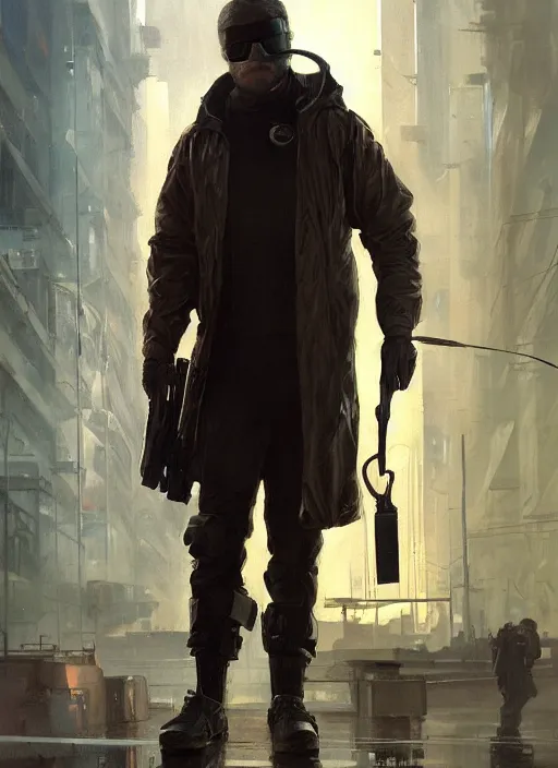 Image similar to Modern Teddy Roosevelt. Cyberpunk hitman in tactical gear. plastic raincoat. blade runner 2049 concept painting. Epic painting by James Gurney, Azamat Khairov, and Alphonso Mucha. ArtstationHQ. painting with Vivid color. (rb6s, Cyberpunk 2077)