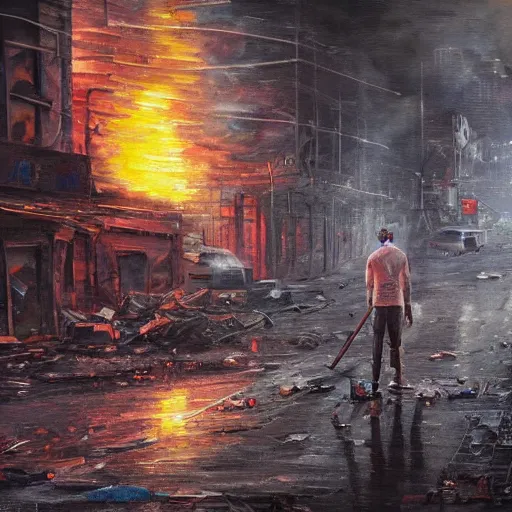 Prompt: a lone wanderer in a dystopian city with lots of debris, cars, and fires, extremely detailed painting