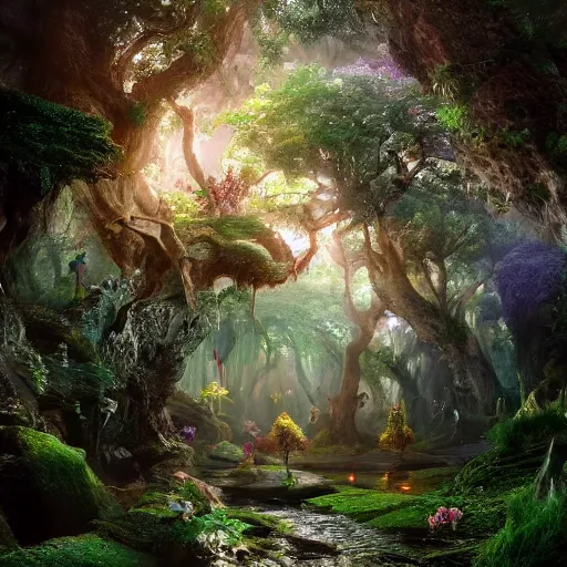 Image similar to full body pose, hyperrealistic photograph of the magical fairy forest, dim volumetric lighting, 8 k, octane beautifully detailed render, extremely hyper detailed, intricate, epic composition, cinematic lighting, masterpiece, trending on artstation, very very detailed, stunning, hdr, smooth, sharp focus, high resolution, award, winning photo, dslr, 5 0 mm